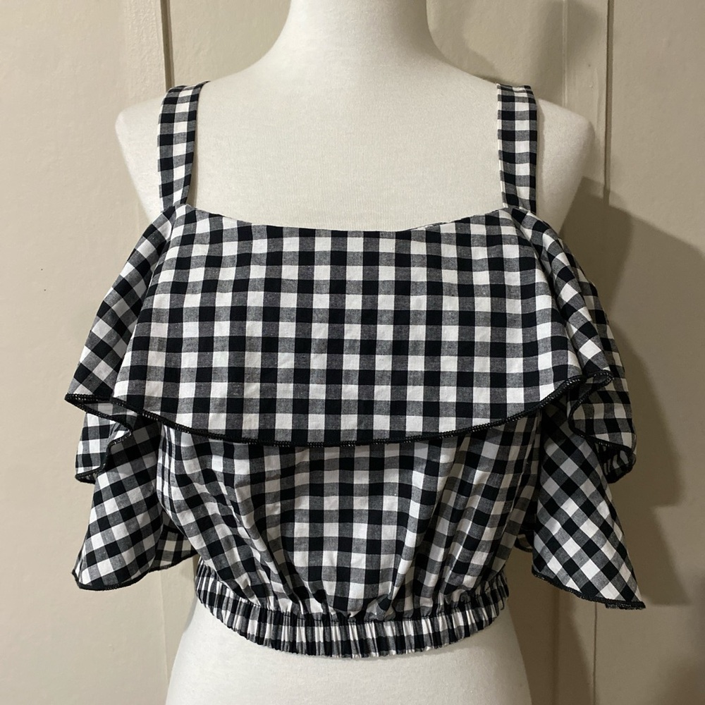 NWT Forever 21 Black and White Gingham Ruffle Crop Top, Size Small